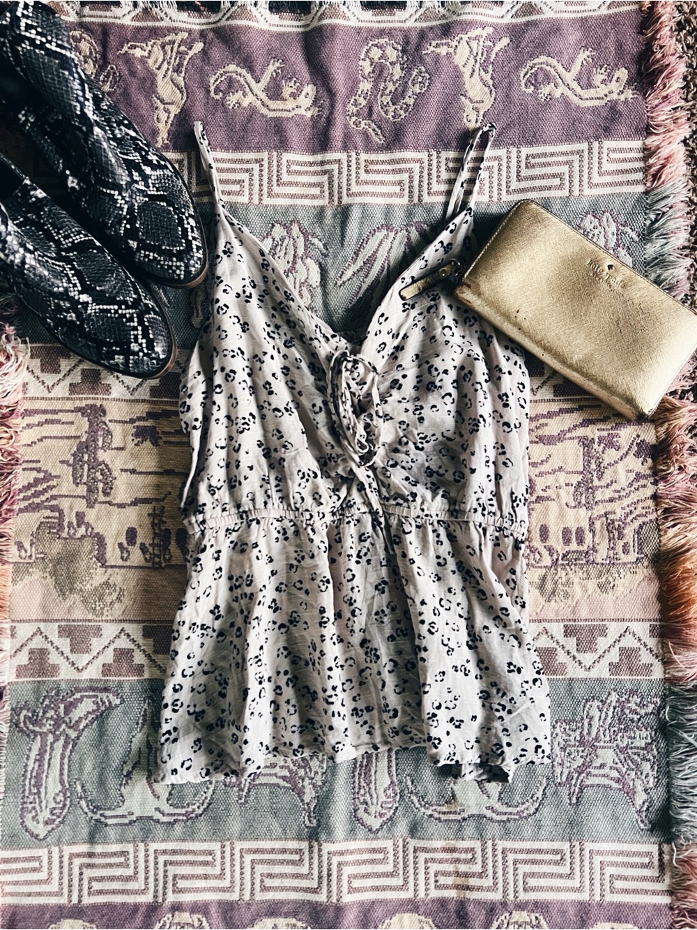 Maurices Ivory and Black Leopard Print Tie-Front Spaghetti Strap Camisole